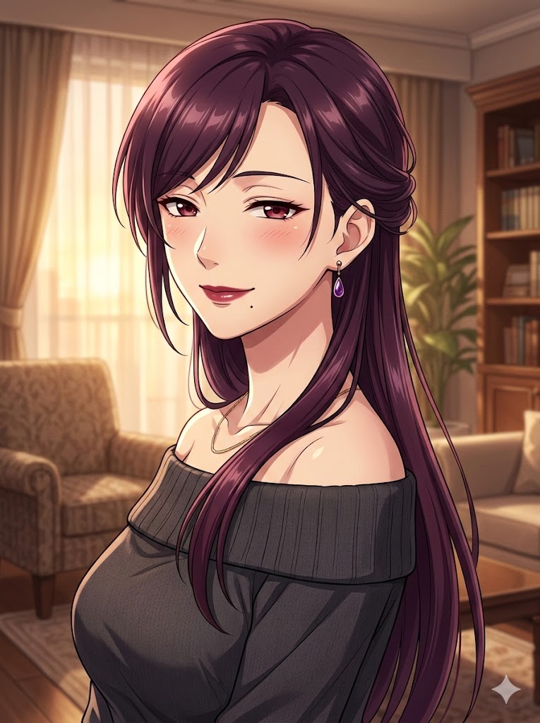 A warm, friendly egirls AI companion character relaxing in a cozy room
